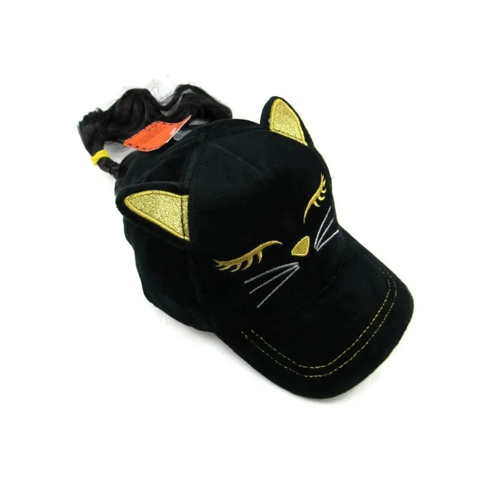 Baseball Hat with Brunette Faux Hair Black & Gold Cat Girls Cap One Size New